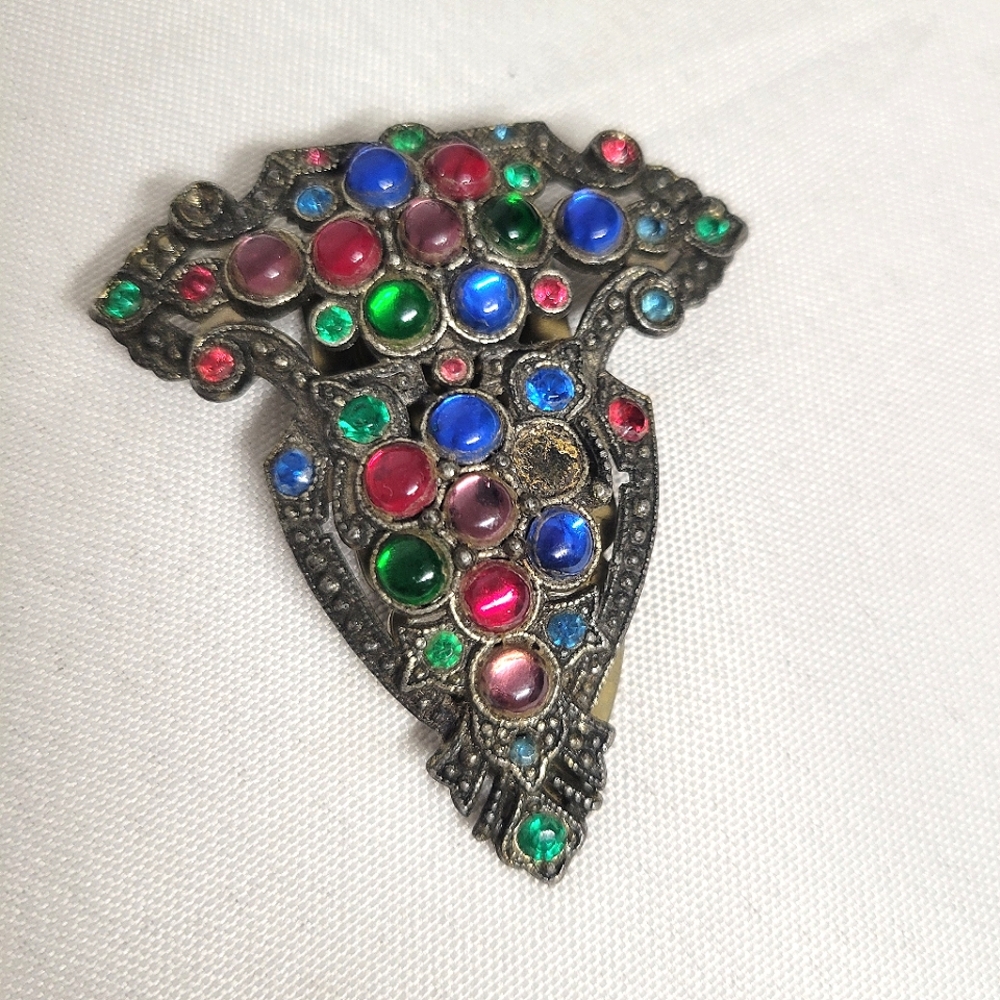 Vintage-Inspired Art Deco Multicolor Gemstone Clip  Brooch Unsigned